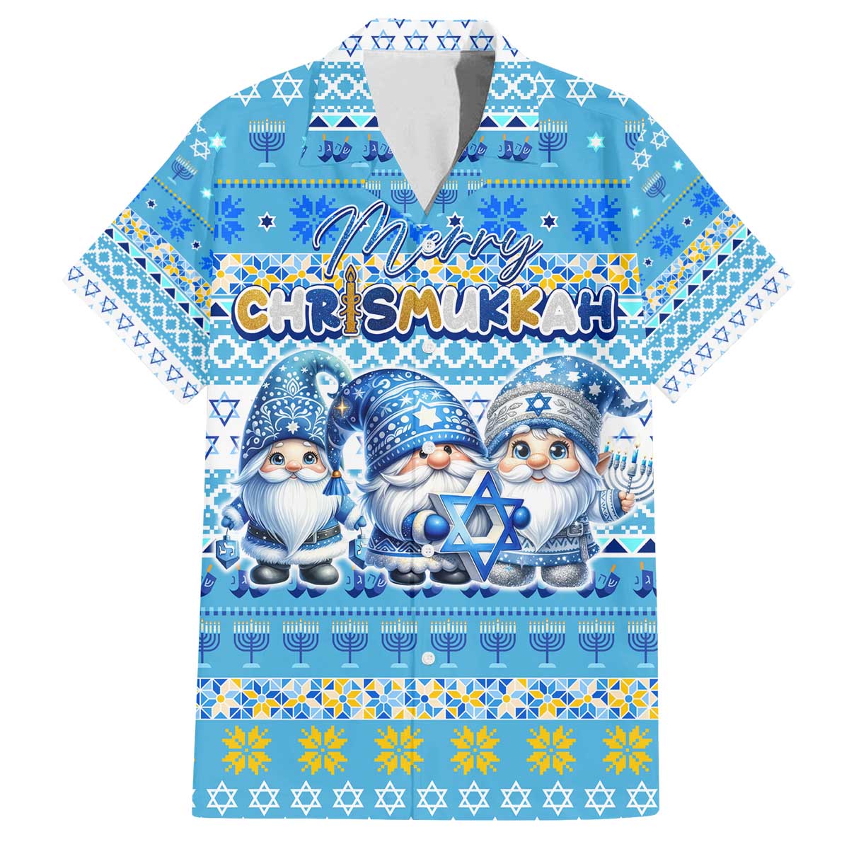Merry Chrismukkah Family Matching Off The Shoulder Long Sleeve Dress and Hawaiian Shirt Jewish Christmas Gnomes and Menorahs - Wonder Print Shop