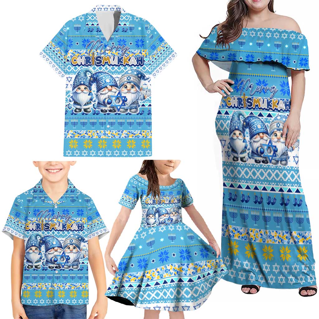 Merry Chrismukkah Family Matching Off Shoulder Maxi Dress and Hawaiian Shirt Jewish Christmas Gnomes and Menorahs - Wonder Print Shop
