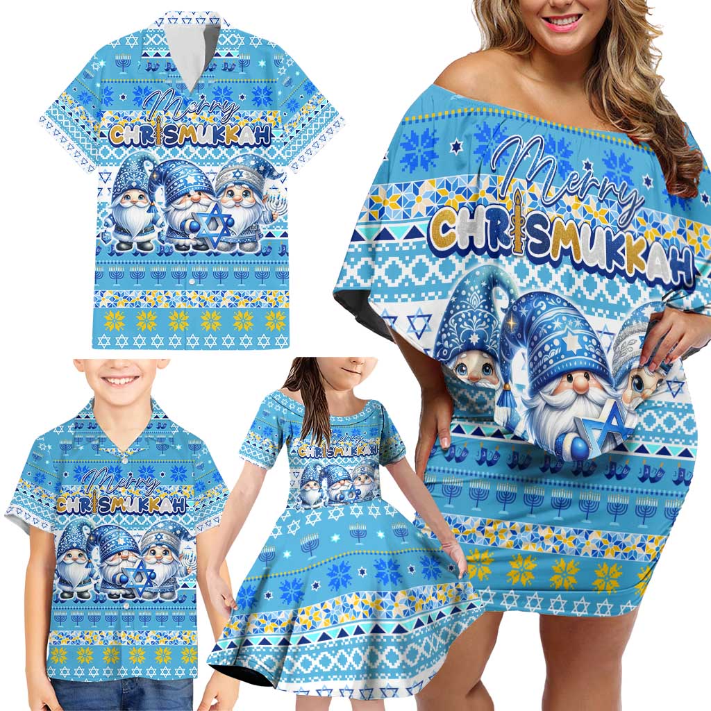 Merry Chrismukkah Family Matching Off Shoulder Short Dress and Hawaiian Shirt Jewish Christmas Gnomes and Menorahs - Wonder Print Shop