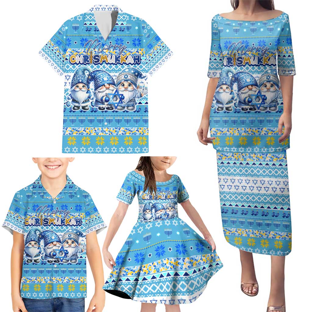 Merry Chrismukkah Family Matching Puletasi and Hawaiian Shirt Jewish Christmas Gnomes and Menorahs - Wonder Print Shop