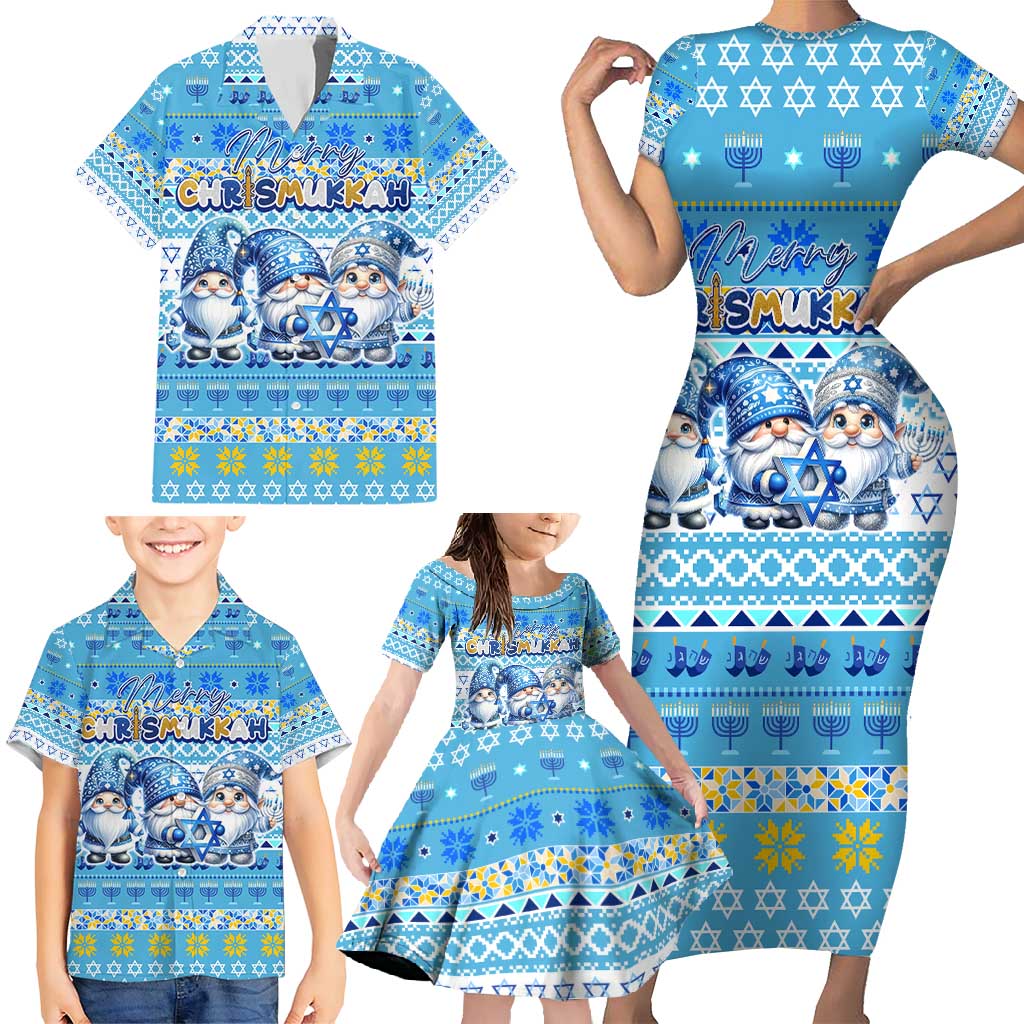 Merry Chrismukkah Family Matching Short Sleeve Bodycon Dress and Hawaiian Shirt Jewish Christmas Gnomes and Menorahs - Wonder Print Shop
