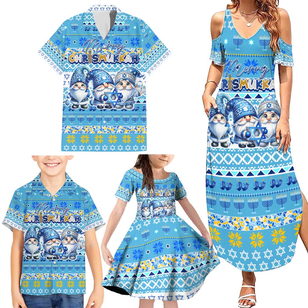 Merry Chrismukkah Family Matching Summer Maxi Dress and Hawaiian Shirt Jewish Christmas Gnomes and Menorahs - Wonder Print Shop