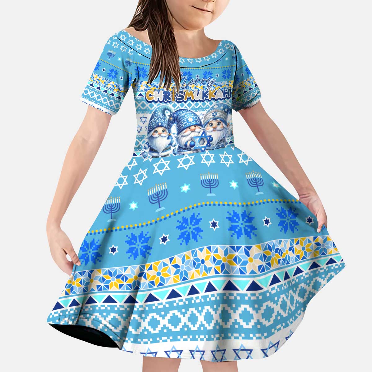 Merry Chrismukkah Kid Short Sleeve Dress Jewish Christmas Gnomes and Menorahs - Wonder Print Shop