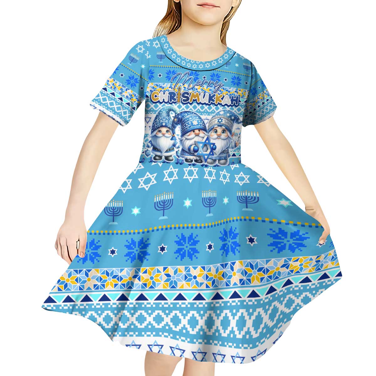 Merry Chrismukkah Kid Short Sleeve Dress Jewish Christmas Gnomes and Menorahs - Wonder Print Shop