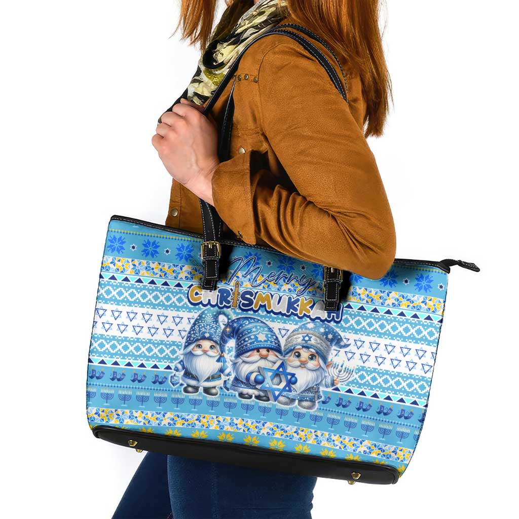 Merry Chrismukkah Leather Tote Bag Jewish Christmas Gnomes and Menorahs - Wonder Print Shop
