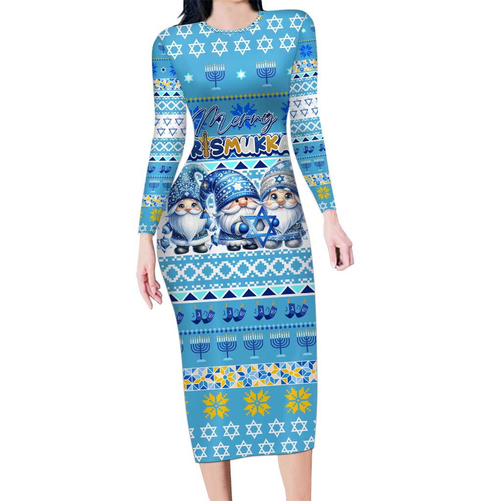 Merry Chrismukkah Long Sleeve Bodycon Dress Jewish Christmas Gnomes and Menorahs - Wonder Print Shop