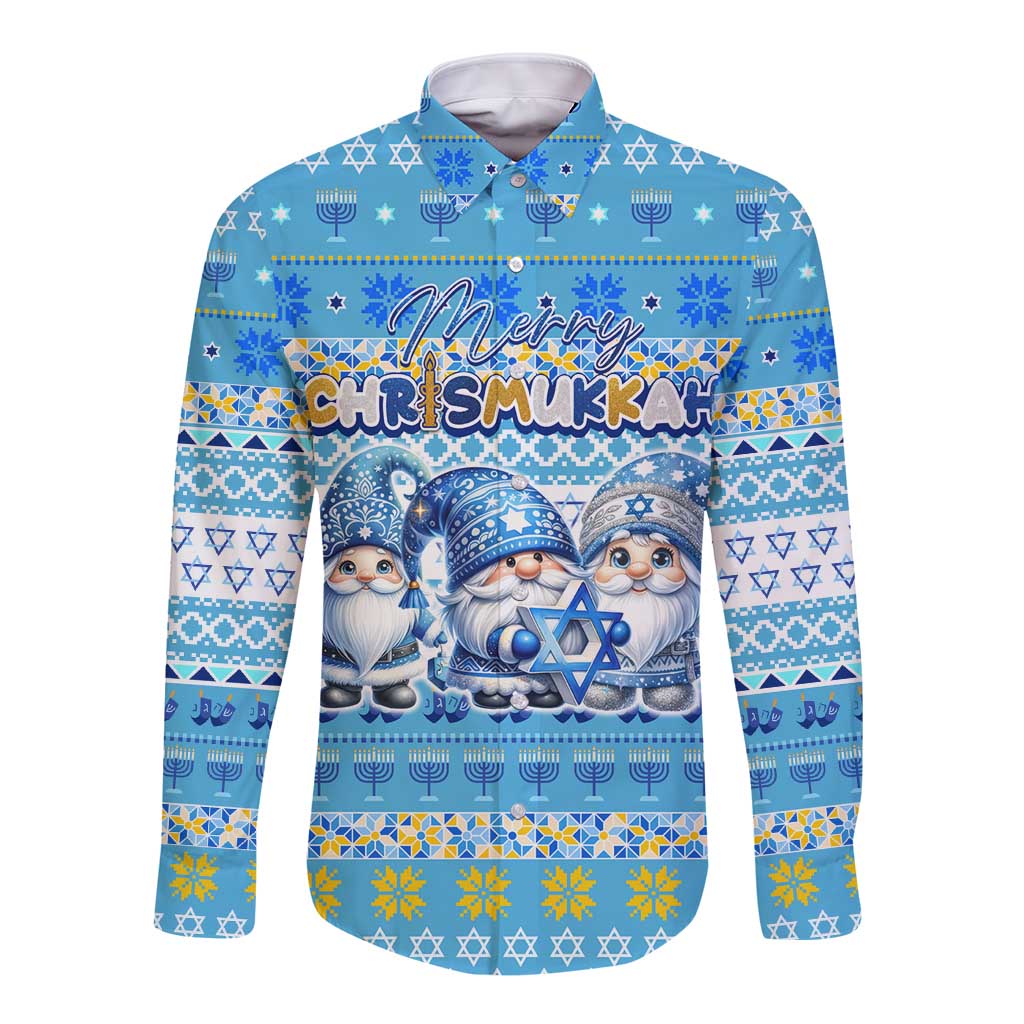 Merry Chrismukkah Long Sleeve Button Shirt Jewish Christmas Gnomes and Menorahs - Wonder Print Shop