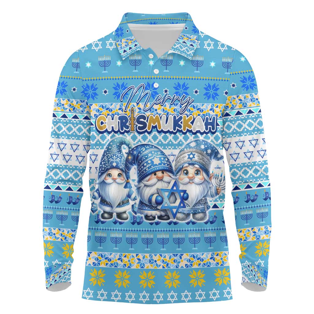 Merry Chrismukkah Long Sleeve Polo Shirt Jewish Christmas Gnomes and Menorahs - Wonder Print Shop