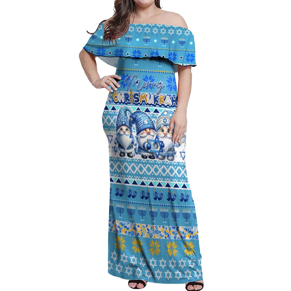 Merry Chrismukkah Off Shoulder Maxi Dress Jewish Christmas Gnomes and Menorahs - Wonder Print Shop