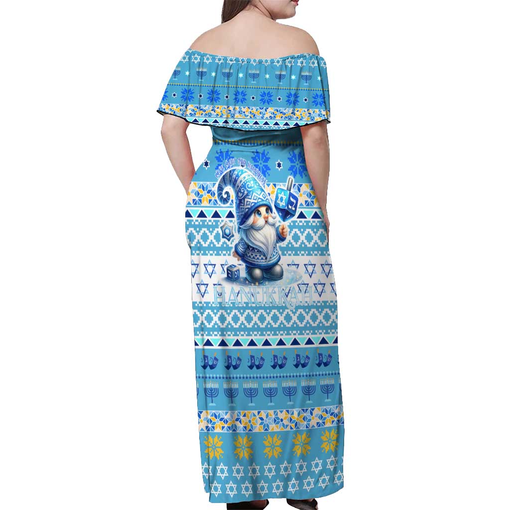 Merry Chrismukkah Off Shoulder Maxi Dress Jewish Christmas Gnomes and Menorahs - Wonder Print Shop