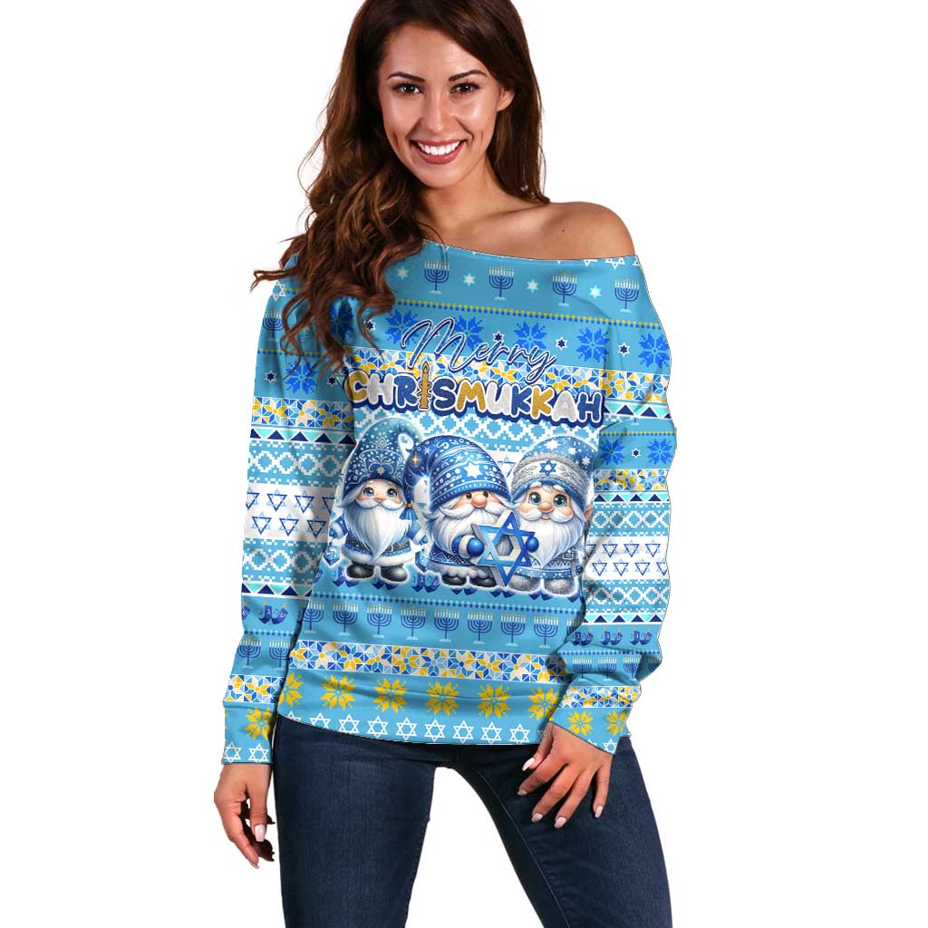 Merry Chrismukkah Off Shoulder Sweater Jewish Christmas Gnomes and Menorahs - Wonder Print Shop