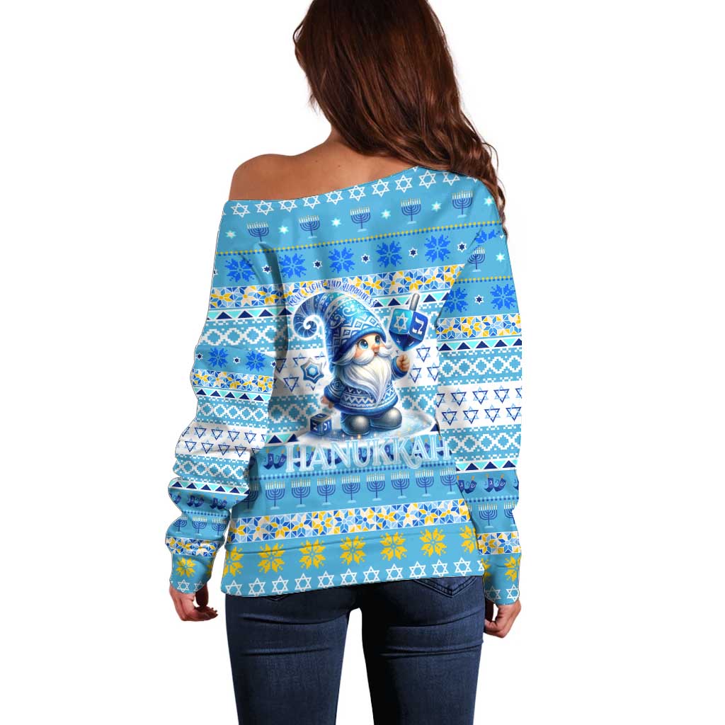 Merry Chrismukkah Off Shoulder Sweater Jewish Christmas Gnomes and Menorahs - Wonder Print Shop
