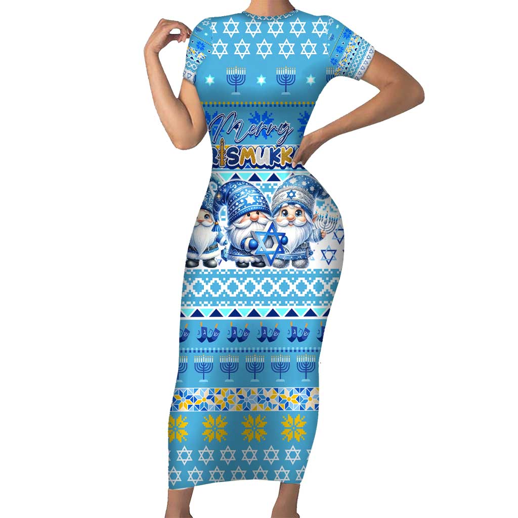 Merry Chrismukkah Short Sleeve Bodycon Dress Jewish Christmas Gnomes and Menorahs - Wonder Print Shop