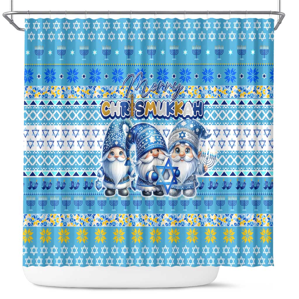 Merry Chrismukkah Shower Curtain Jewish Christmas Gnomes and Menorahs - Wonder Print Shop