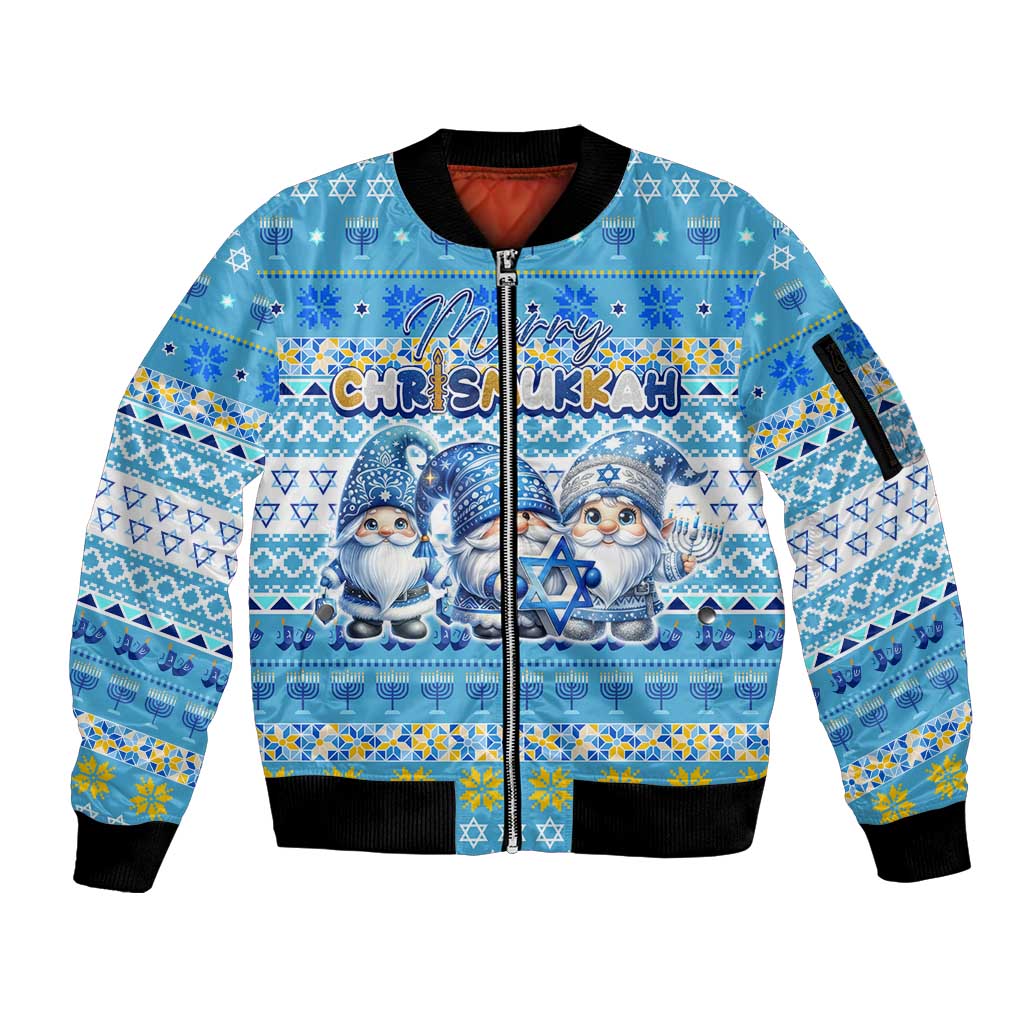 Merry Chrismukkah Sleeve Zip Bomber Jacket Jewish Christmas Gnomes and Menorahs - Wonder Print Shop