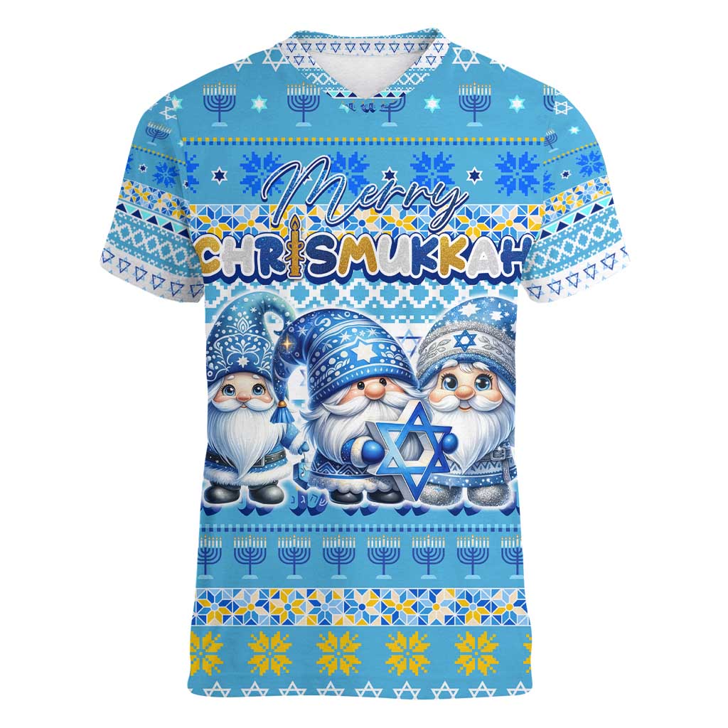 Merry Chrismukkah Women V-Neck T-Shirt Jewish Christmas Gnomes and Menorahs - Wonder Print Shop