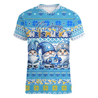 Merry Chrismukkah Women V-Neck T-Shirt Jewish Christmas Gnomes and Menorahs - Wonder Print Shop