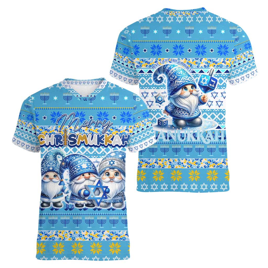 Merry Chrismukkah Women V-Neck T-Shirt Jewish Christmas Gnomes and Menorahs - Wonder Print Shop