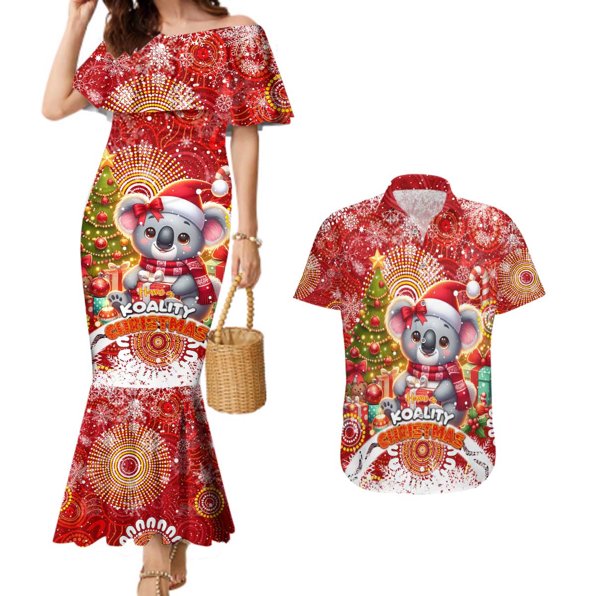 Koality Christmas Couples Matching Mermaid Dress and Hawaiian Shirt Cute Aussie Koala Holiday - Wonder Print Shop