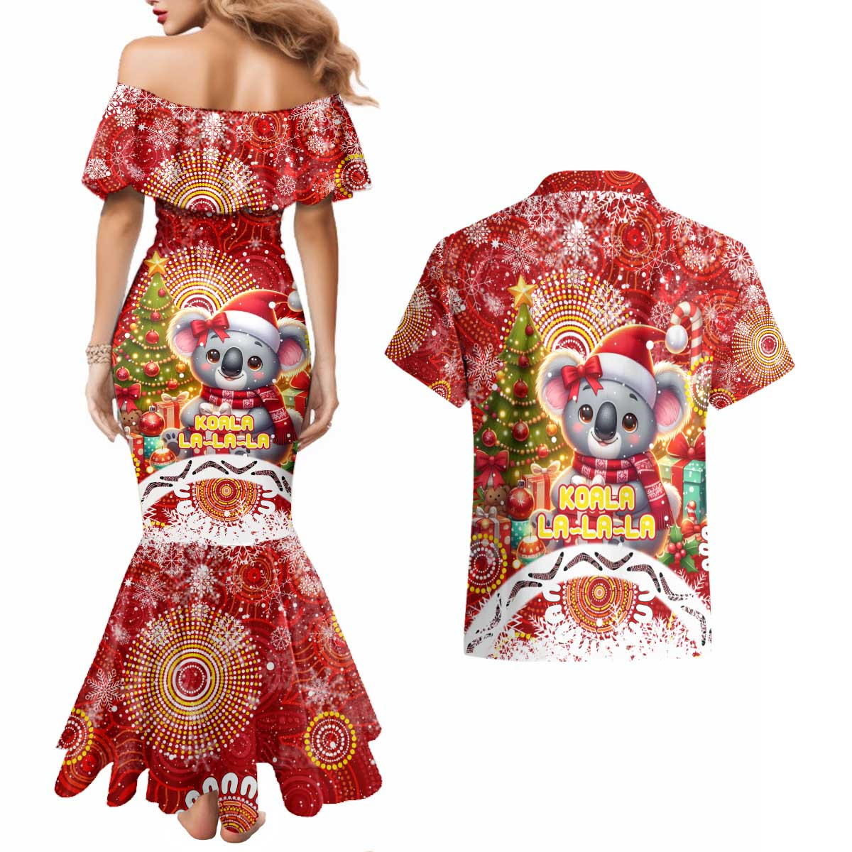 Koality Christmas Couples Matching Mermaid Dress and Hawaiian Shirt Cute Aussie Koala Holiday - Wonder Print Shop