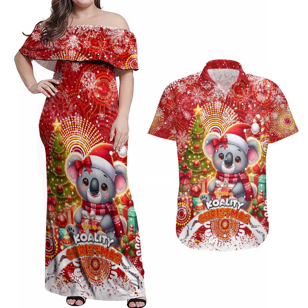 Koality Christmas Couples Matching Off Shoulder Maxi Dress and Hawaiian Shirt Cute Aussie Koala Holiday - Wonder Print Shop
