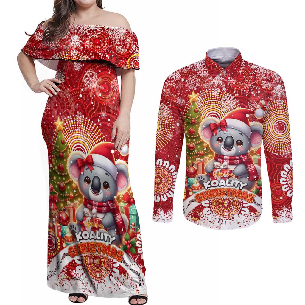 Koality Christmas Couples Matching Off Shoulder Maxi Dress and Long Sleeve Button Shirt Cute Aussie Koala Holiday - Wonder Print Shop