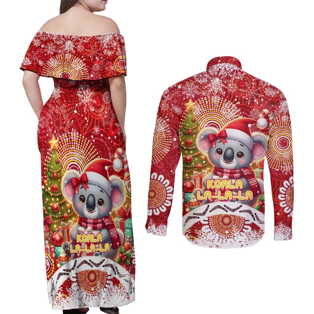 Koality Christmas Couples Matching Off Shoulder Maxi Dress and Long Sleeve Button Shirt Cute Aussie Koala Holiday - Wonder Print Shop