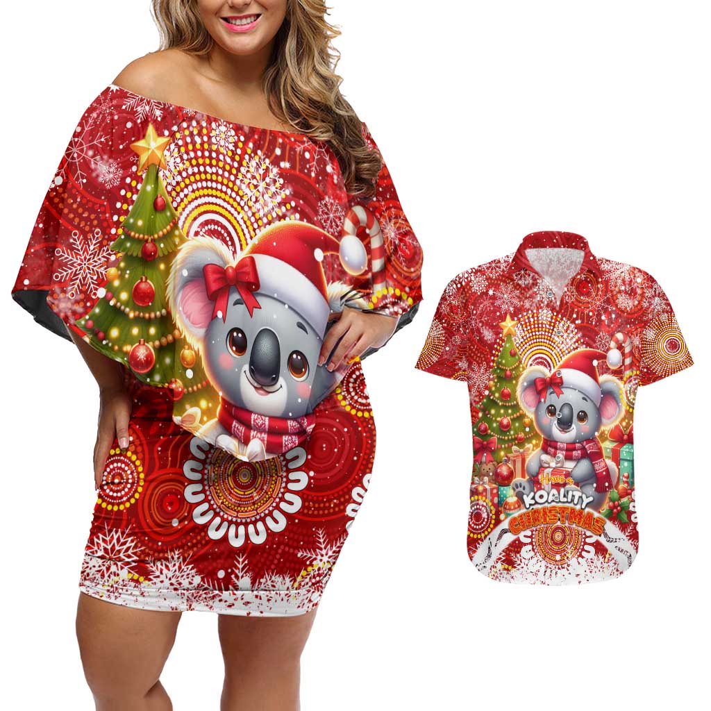 Koality Christmas Couples Matching Off Shoulder Short Dress and Hawaiian Shirt Cute Aussie Koala Holiday - Wonder Print Shop