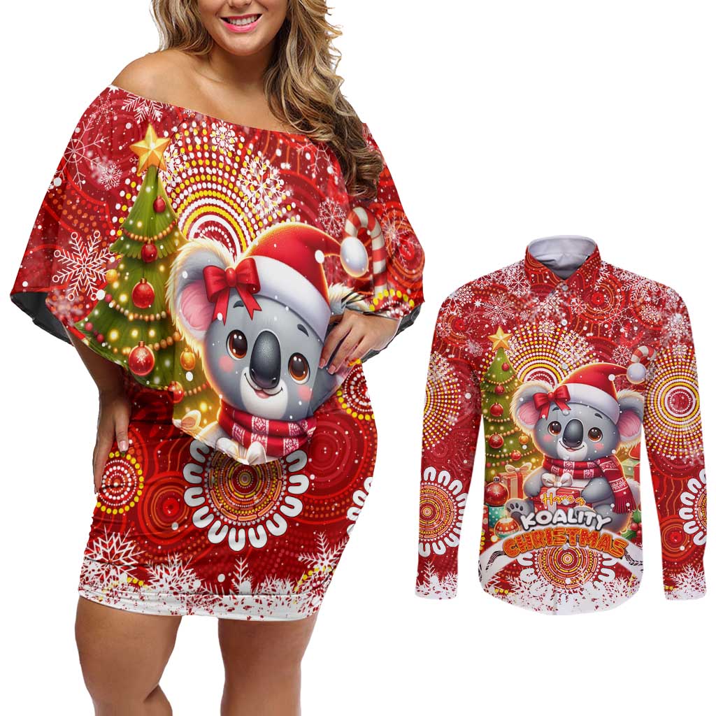 Koality Christmas Couples Matching Off Shoulder Short Dress and Long Sleeve Button Shirt Cute Aussie Koala Holiday - Wonder Print Shop