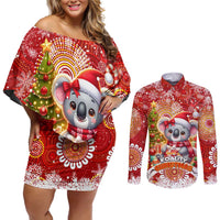Koality Christmas Couples Matching Off Shoulder Short Dress and Long Sleeve Button Shirt Cute Aussie Koala Holiday - Wonder Print Shop