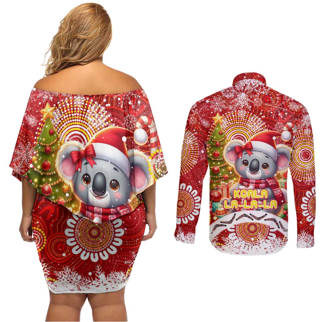 Koality Christmas Couples Matching Off Shoulder Short Dress and Long Sleeve Button Shirt Cute Aussie Koala Holiday - Wonder Print Shop