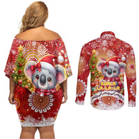 Koality Christmas Couples Matching Off Shoulder Short Dress and Long Sleeve Button Shirt Cute Aussie Koala Holiday - Wonder Print Shop