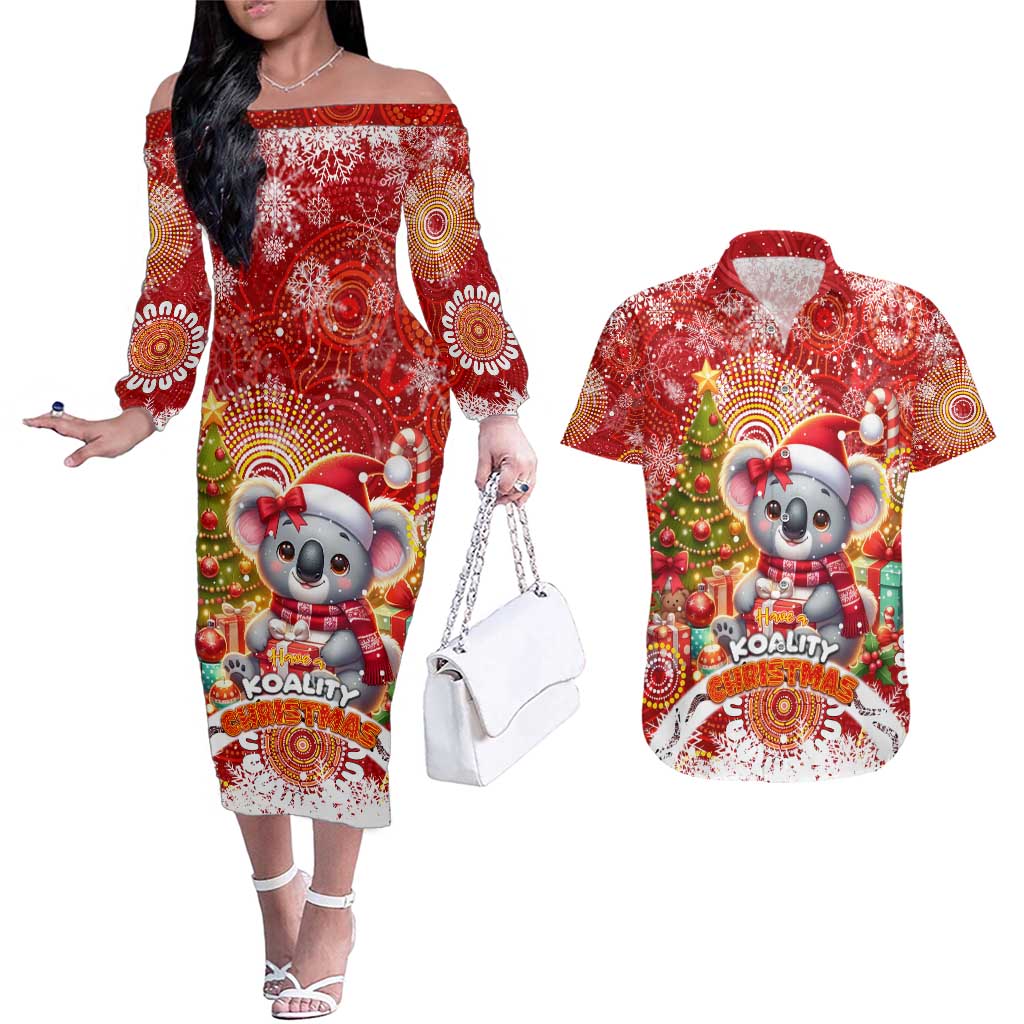 Koality Christmas Couples Matching Off The Shoulder Long Sleeve Dress and Hawaiian Shirt Cute Aussie Koala Holiday - Wonder Print Shop