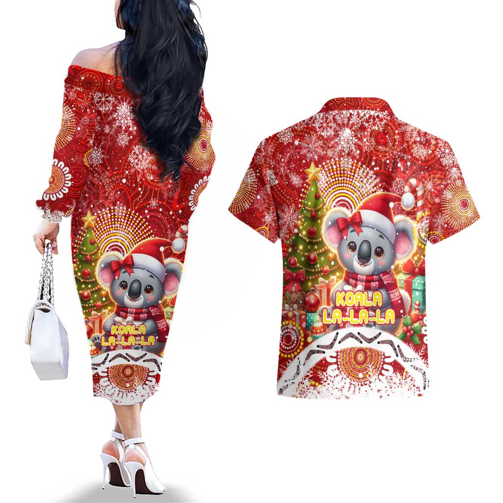 Koality Christmas Couples Matching Off The Shoulder Long Sleeve Dress and Hawaiian Shirt Cute Aussie Koala Holiday - Wonder Print Shop