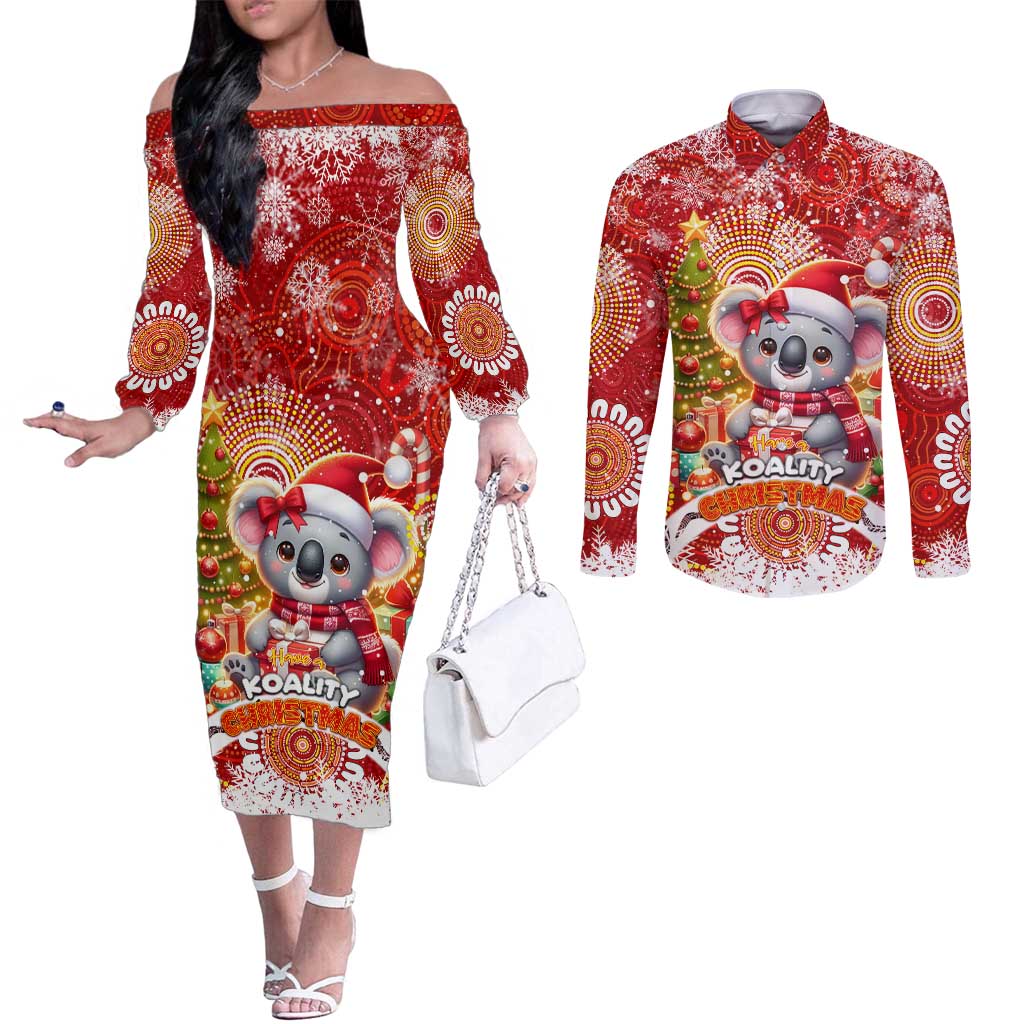 Koality Christmas Couples Matching Off The Shoulder Long Sleeve Dress and Long Sleeve Button Shirt Cute Aussie Koala Holiday - Wonder Print Shop