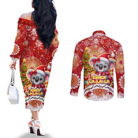 Koality Christmas Couples Matching Off The Shoulder Long Sleeve Dress and Long Sleeve Button Shirt Cute Aussie Koala Holiday - Wonder Print Shop