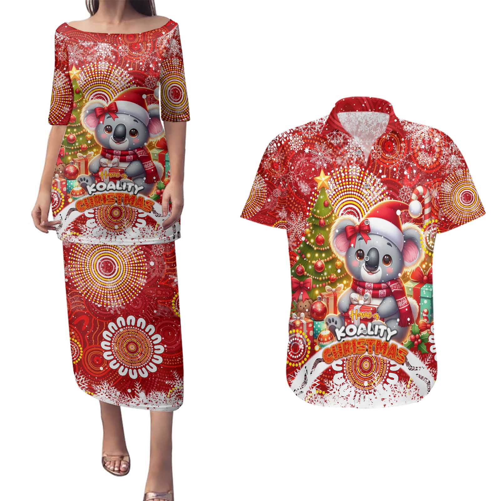 Koality Christmas Couples Matching Puletasi and Hawaiian Shirt Cute Aussie Koala Holiday - Wonder Print Shop