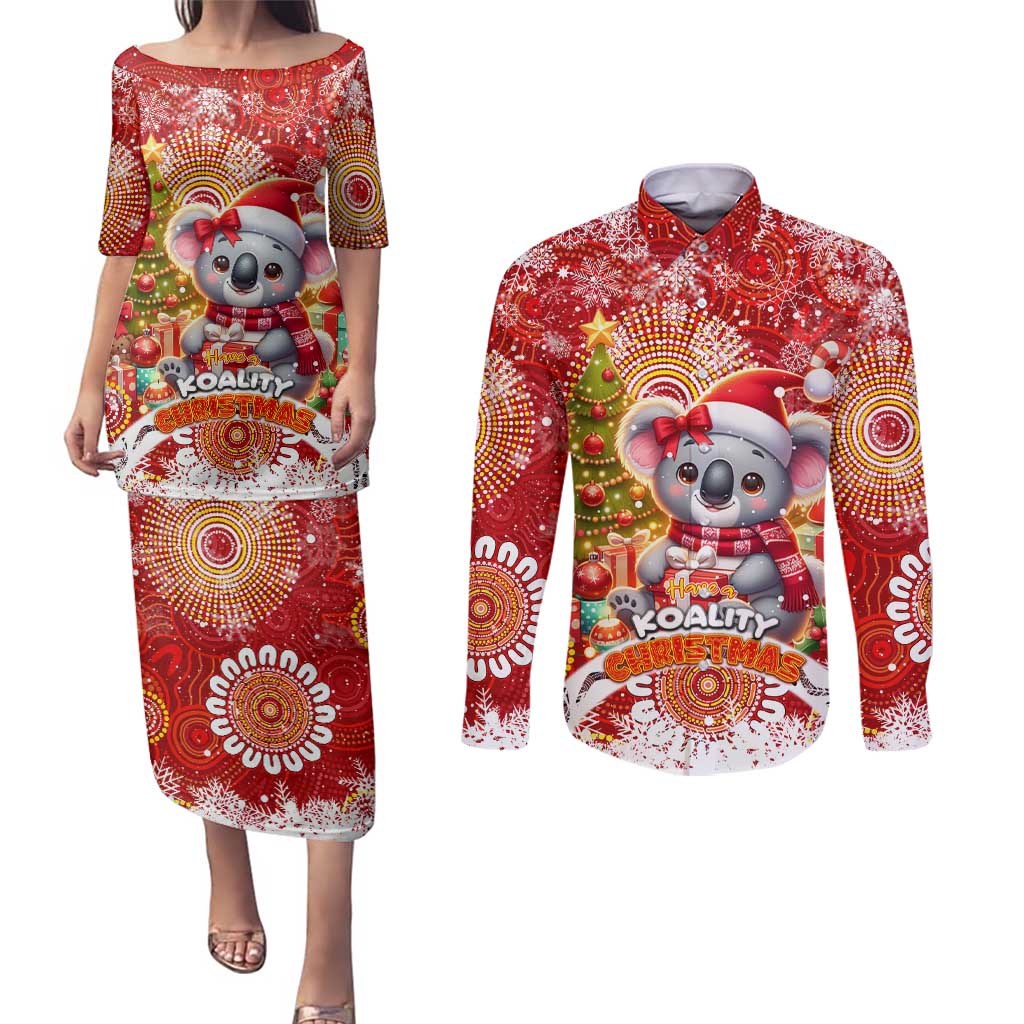 Koality Christmas Couples Matching Puletasi and Long Sleeve Button Shirt Cute Aussie Koala Holiday - Wonder Print Shop