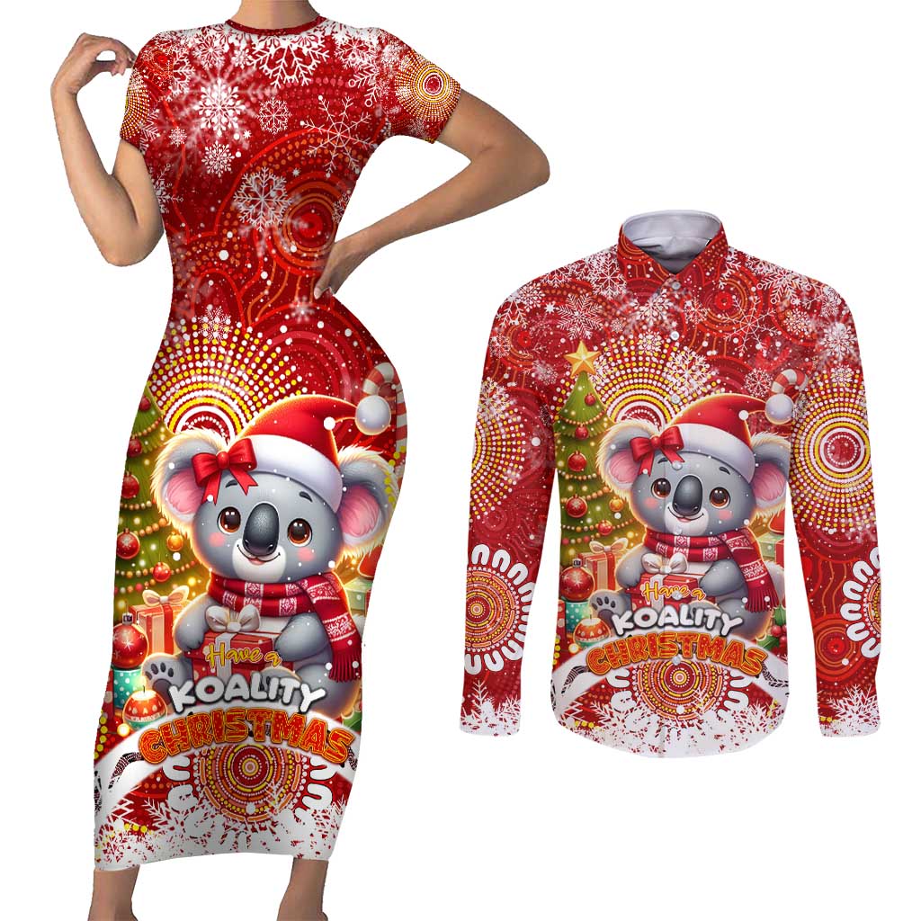 Koality Christmas Couples Matching Short Sleeve Bodycon Dress and Long Sleeve Button Shirt Cute Aussie Koala Holiday - Wonder Print Shop