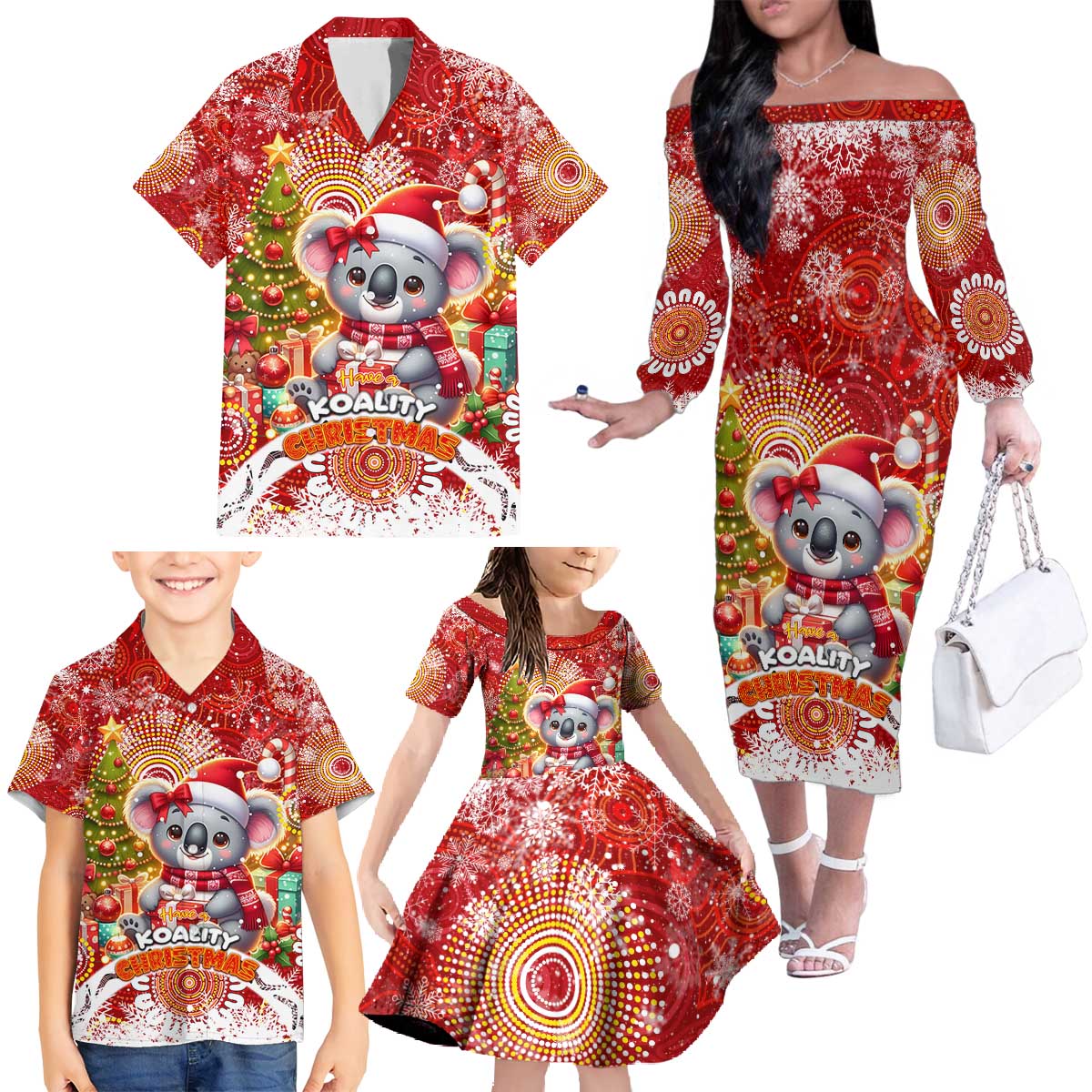 Koality Christmas Family Matching Off The Shoulder Long Sleeve Dress and Hawaiian Shirt Cute Aussie Koala Holiday - Wonder Print Shop