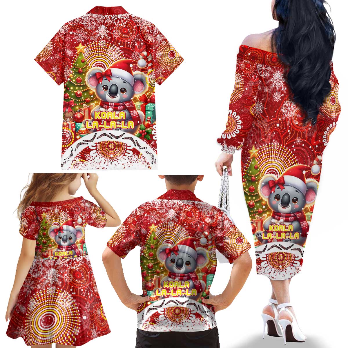 Koality Christmas Family Matching Off The Shoulder Long Sleeve Dress and Hawaiian Shirt Cute Aussie Koala Holiday - Wonder Print Shop