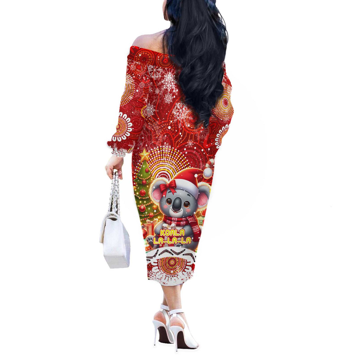 Koality Christmas Off The Shoulder Long Sleeve Dress Cute Aussie Koala Holiday - Wonder Print Shop