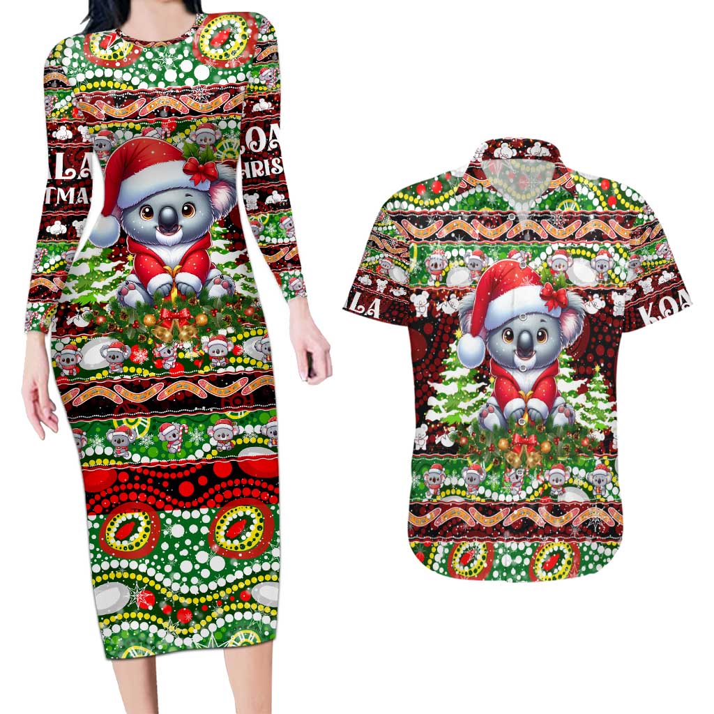 Koala Christmas Couples Matching Long Sleeve Bodycon Dress and Hawaiian Shirt Australia Aboriginal Cute Santa Koalas - Wonder Print Shop