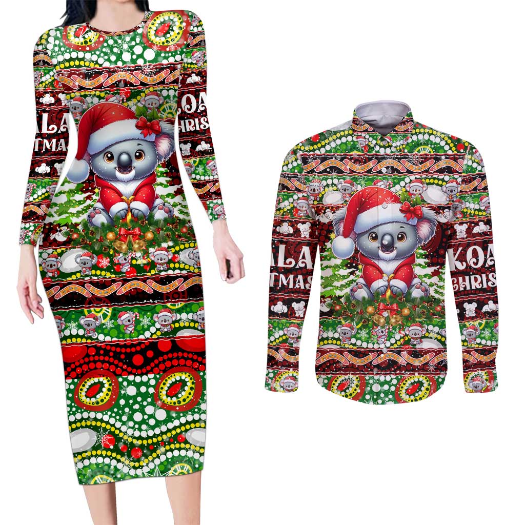 Koala Christmas Couples Matching Long Sleeve Bodycon Dress and Long Sleeve Button Shirt Australia Aboriginal Cute Santa Koalas - Wonder Print Shop