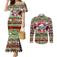 Koala Christmas Couples Matching Mermaid Dress and Long Sleeve Button Shirt Australia Aboriginal Cute Santa Koalas - Wonder Print Shop