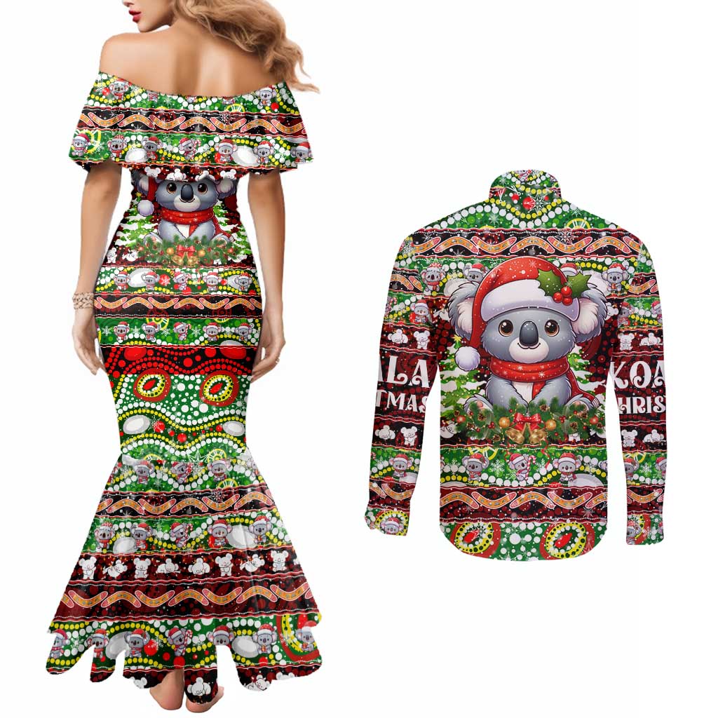 Koala Christmas Couples Matching Mermaid Dress and Long Sleeve Button Shirt Australia Aboriginal Cute Santa Koalas - Wonder Print Shop