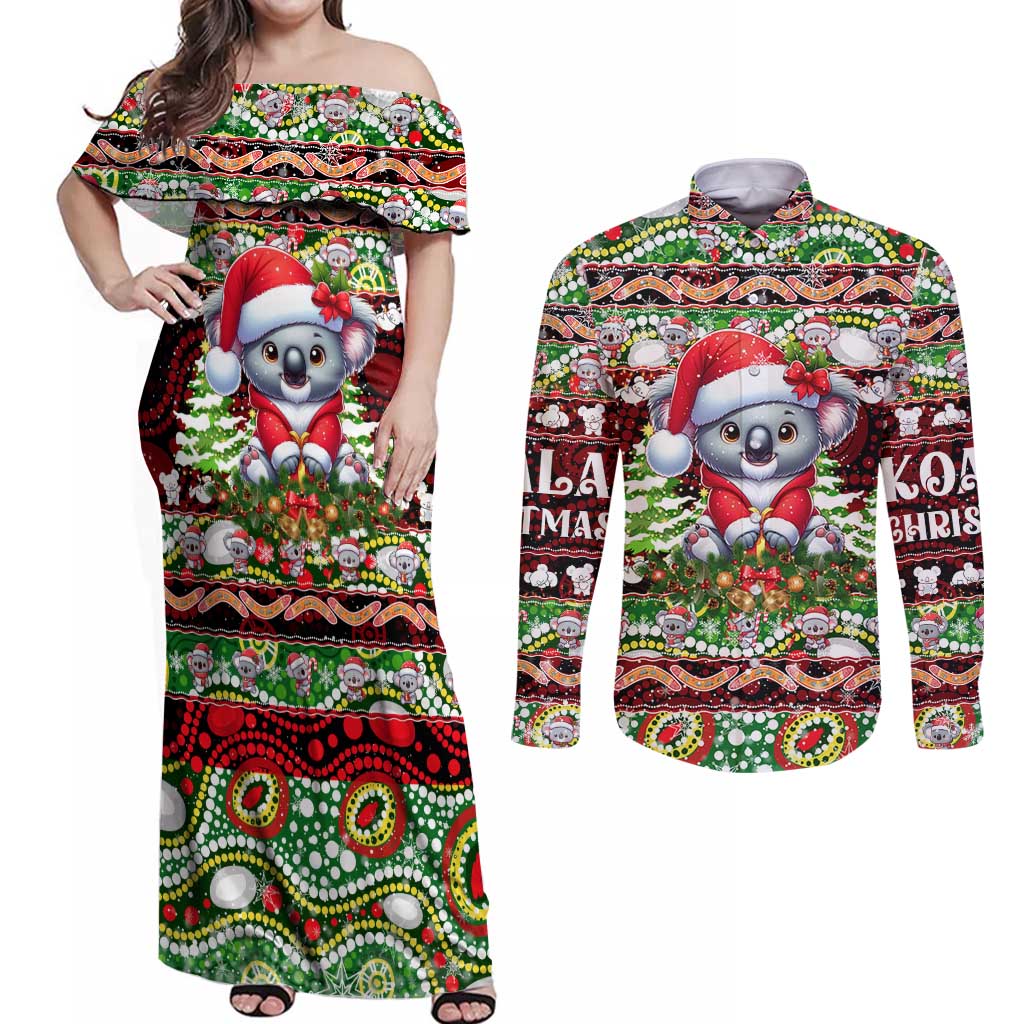 Koala Christmas Couples Matching Off Shoulder Maxi Dress and Long Sleeve Button Shirt Australia Aboriginal Cute Santa Koalas - Wonder Print Shop