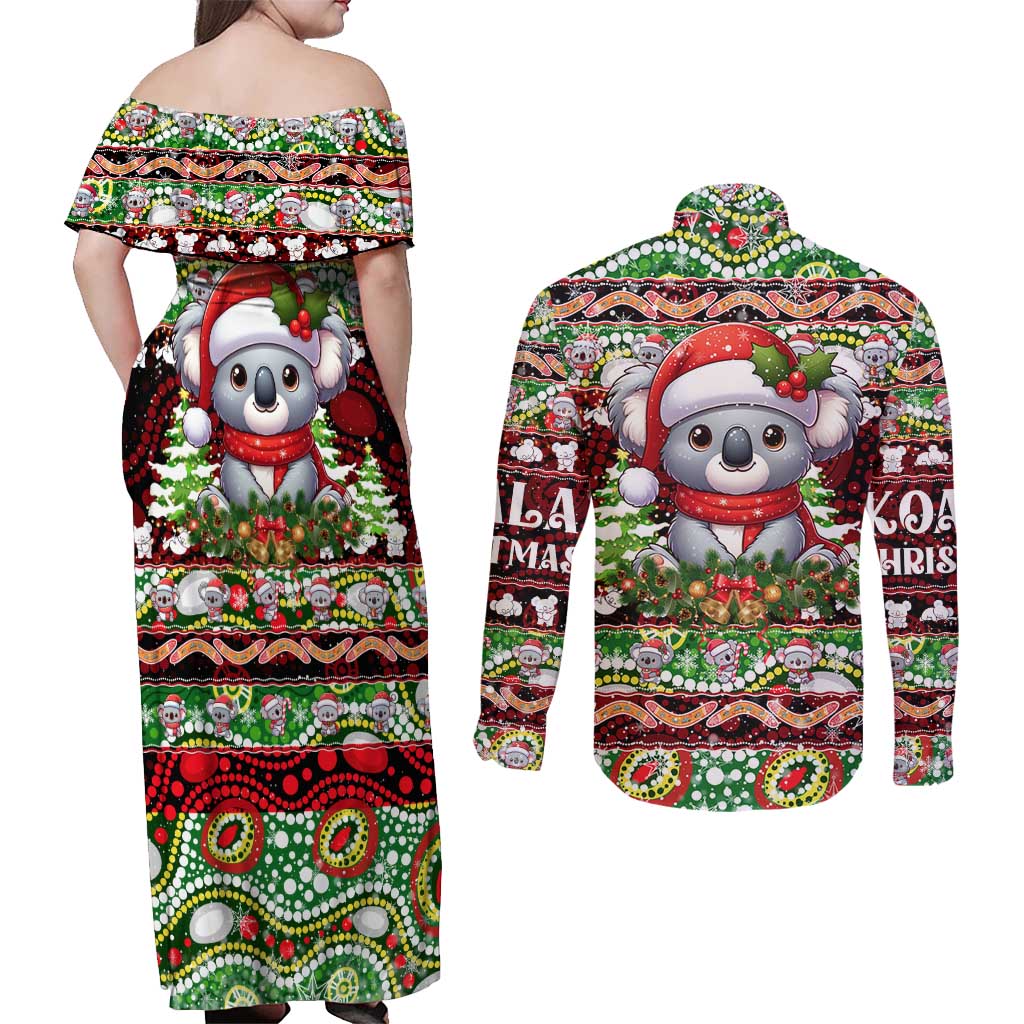 Koala Christmas Couples Matching Off Shoulder Maxi Dress and Long Sleeve Button Shirt Australia Aboriginal Cute Santa Koalas - Wonder Print Shop