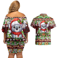 Koala Christmas Couples Matching Off Shoulder Short Dress and Hawaiian Shirt Australia Aboriginal Cute Santa Koalas - Wonder Print Shop