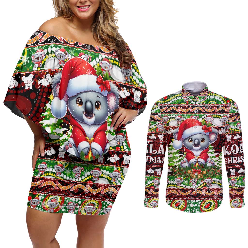 Koala Christmas Couples Matching Off Shoulder Short Dress and Long Sleeve Button Shirt Australia Aboriginal Cute Santa Koalas - Wonder Print Shop